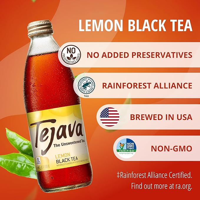 Tejava Lemon Black Iced Tea 24 Pack 12oz Glass Bottles Unsweetened Non-GMO Kosher No Sugar or Sweeteners No calories No Preservatives Brewed in Small Batches