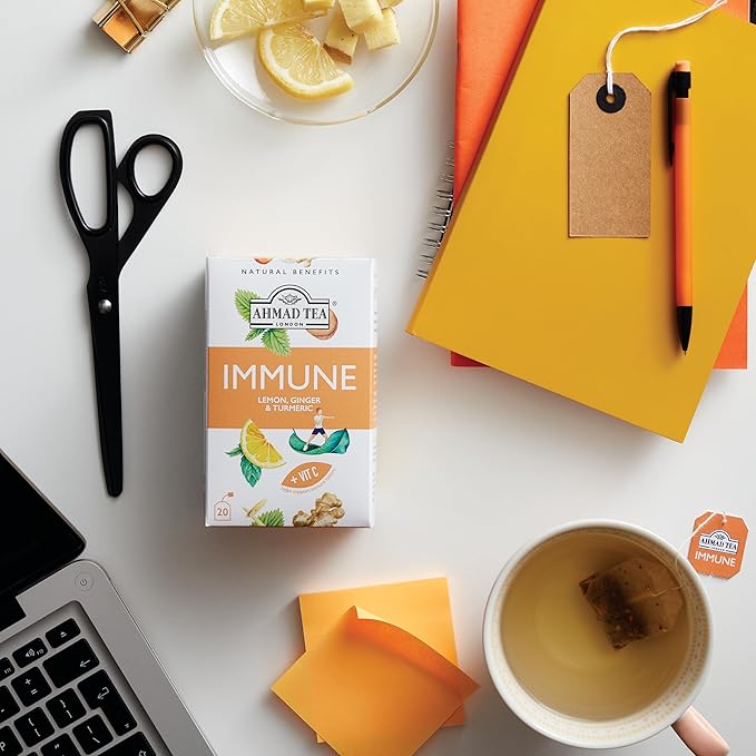 Ahmad Tea Herbal Tea Lemon Ginger Turmeric &amp Vitamin C 'Immune' Natural Benefits Teabags 20 ct (Pack of 6) - Decaffeinated &amp Sugar-Free