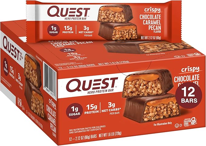 Quest Nutrition Crispy Chocolate Caramel Pecan Hero Protein Bar 15g Protein 1g Sugar 3g Net Carb &amp Lemon Cake Protein Bars High Protein Low Carb Gluten Free 12 Count