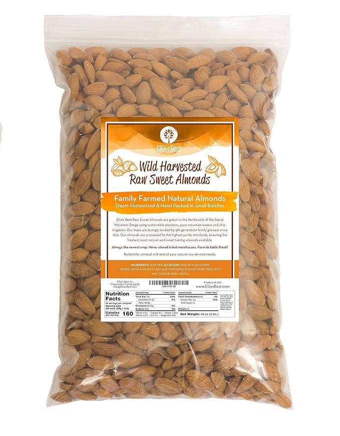 Raw Almonds Sweet Wild Harvest - Bulk - Naturally Steam Pasteurized 100% Natural Almonds - Family Farmed Since 1875 - Raw 5 lb Box From Ellie's Best …