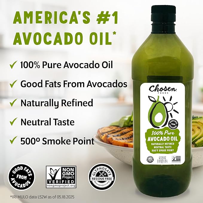 Chosen Foods 100% Pure Avocado Oil Keto Diet Friendly Kosher Oil for Baking High-Heat Cooking Frying Homemade Sauces Dressings and Marinades (1.25 liters)(42.3 fl oz)