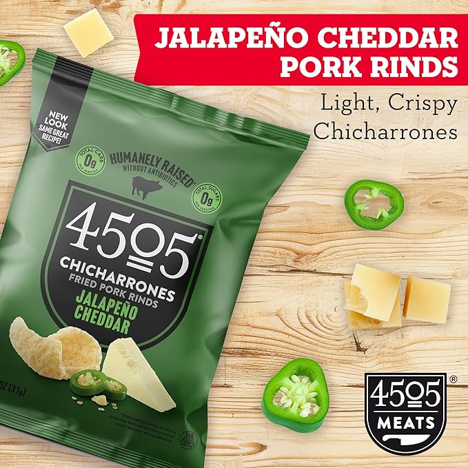 4505 Jalapeno Cheddar Seasoned Chicharrones Fried Pork Rinds - Jalapeno Cheddar Flavored Pork Skins - Low Carb Gluten-Free Protein Snack - 1.1oz (Pack of 12)
