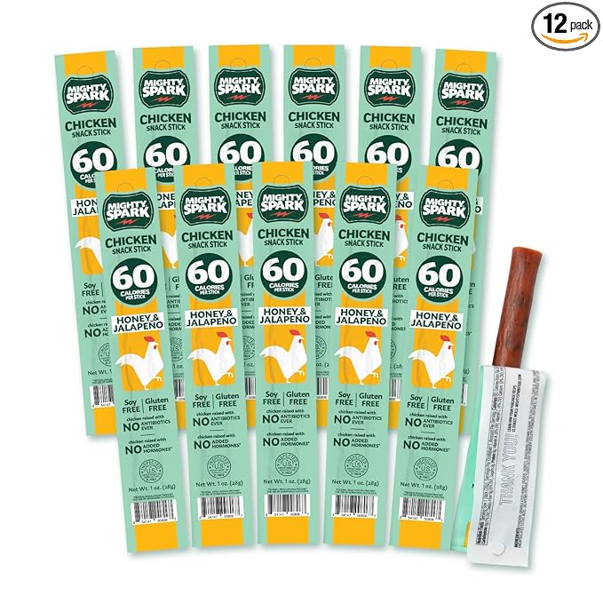 Mighty Spark Chicken Snack Sticks - Honey and Jalapeno - 6g of Protein No Antibiotics Ever No Hormones Added Gluten Free Soy Free Meat Sticks - High Protein Keto Snacks Weight Watchers Approved S