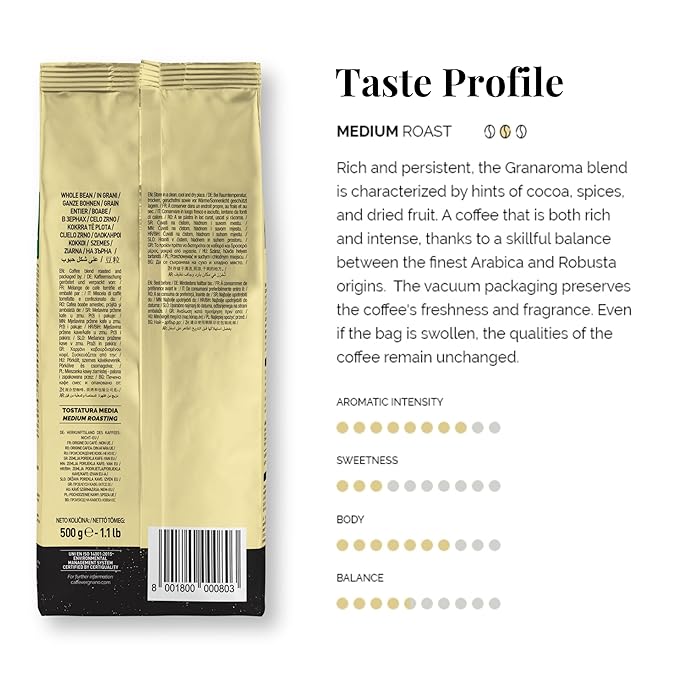 Caffe Vergnano 1882 Granaroma Espresso &amp Antica Bottega Whole Bean Arabica Medium Espresso Roast Coffee 1.1lbs Bag - Italian Coffee Beans -500g Bag (3 Pk)