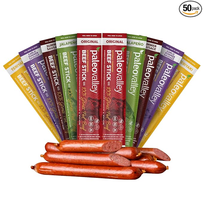 Paleovalley 100% Grass Fed Beef Sticks - Delicious Gluten Free Beef Snack - High Protein Keto Friendly 50 Count Variety Pack
