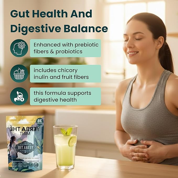 Yerba Mate Powder - Clean Energy &amp Focus - Organic Yerba Mate Tea 350g - Supports Gut Health with Probiotics &amp Prebiotics Brain Fog Relief Focus &amp Relaxation - Mint Flavor 35 Servings