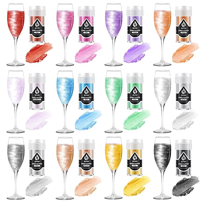 Edible Glitter – 12 Colors Luster Dust Drink Glitter Food Grade Cocktail Shimmer Powder for Beverages Cakes Chocolate &amp Candy 5g/Bottle Christmas Holiday Festive Baking Decoration