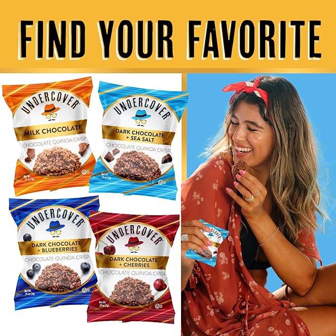 Undercover Snacks Chocolate Quinoa Crisps Snacks - Dark Chocolate + Sea Salt | 70-Count Individually Wrapped Crisps | Gluten Free Nut-Free Allergen Friendly Kosher Plant-Based NOT AIRLINE SIZE