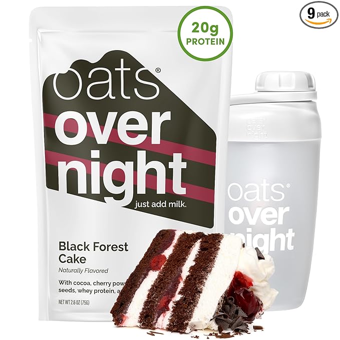Oats Overnight Black Forrest Cake - Overnight Oats with 20g Whey Protein High Fiber Breakfast Protein Shake - Gluten Free Oatmeal Non GMO High Protein Oatmeal (2.6 oz per Meal) (8 Pack + Bottle)