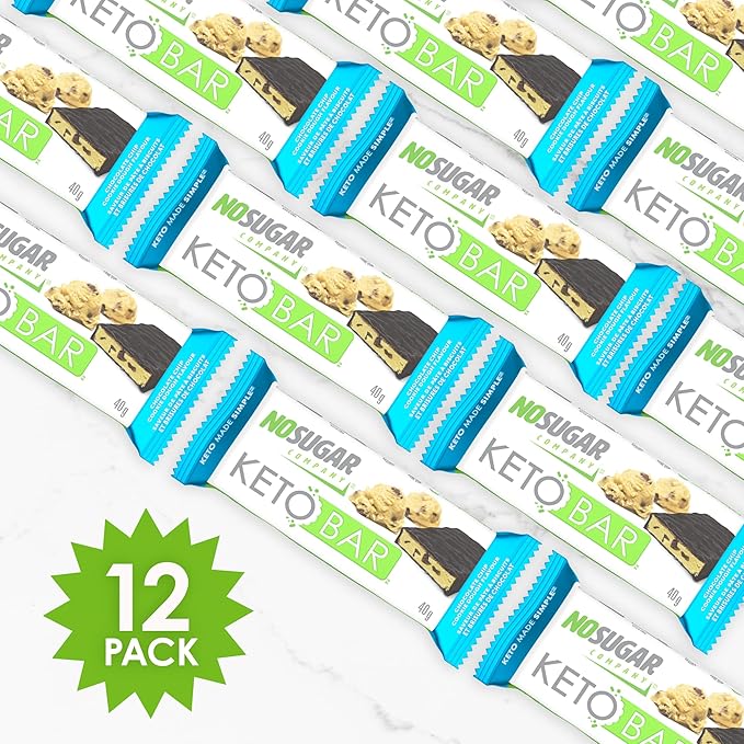 No Sugar Keto Bar Snack - Low Carb No Sugar Keto Snack Food with Keto Friendly Macros (12 x 1.41oz Bars Chocolate Chip Cookie Dough)