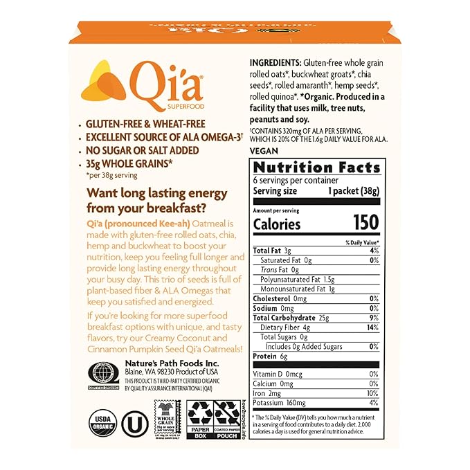 Nature's Path Organic Qi'a Superseeds &amp Grains Instant Oatmeal 8 oz (Pack of 6) Gluten Free Non-GMO