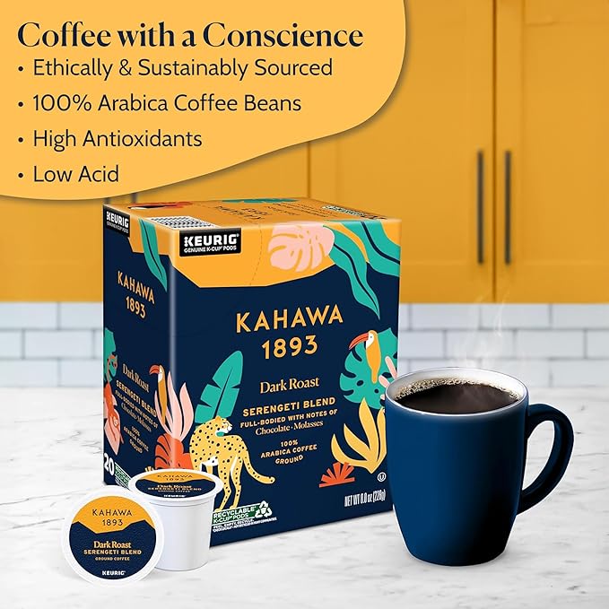 Kahawa 1893 Dark Roast Coffee K-Cup Pods Serengeti Blend (20 Count) - As Seen on Shark Tank Low Acid High Antioxidants Naturally Sweet Organically Grown Ethically &amp Sustainably Sourced