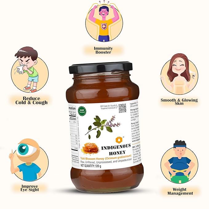 INDIGENOUS HONEY Tulsi Basil Honey Raw Natural Pure Unprocessed NMR Tested Unpasteurized Unheated 530g Glass Jar Pack of 1