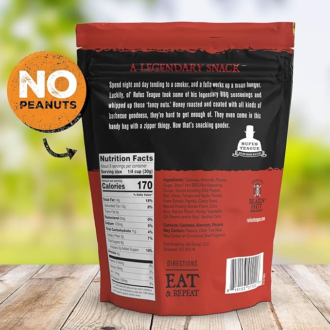 Rufus Teague Hot BBQ Honey Roasted Nuts Mix Sweet &amp Spicy Almonds Cashews &amp Pecans 9 oz Resealable Pouch (No Peanuts) 2 Pack