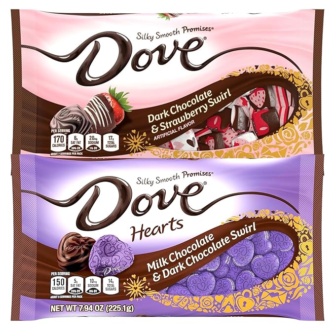 Sweetzo Dove Valentine's Day Chocolate Hearts Individually Wrapped Milk Dark and Strawberry Swirl 7.94 Ounces Each (Pack of 2) Full Size