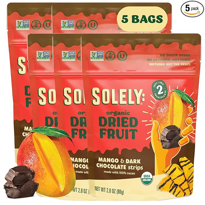 SOLELY - Organic Mango Chocolate Drizzled Strips (2.8 oz Resealable Bags Pack of 5) - Real Fresh Fruit - Healthy Snacks for Adults &amp Kids - Non GMO Vegan Snacks Shelf Stable - 5 Bags (14 oz)