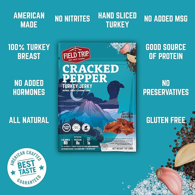 Field Trip Turkey Jerky Gluten Free Low Carb Healthy High Protein Snacks No Nitrates All Natural Ingredients Cracked Pepper 1oz Bags 12 Pack