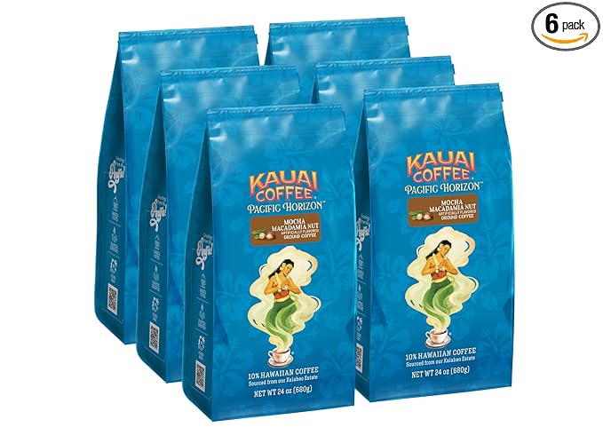 Kauai Coffee Ground Coffee – Smooth Rich Medium Roast – Chocolate Flavor and Nutty Aroma – Arabica Coffee 10% Hawaiian with No Bitterness – Mocha Macadamia Nut 6 Packs of 24oz