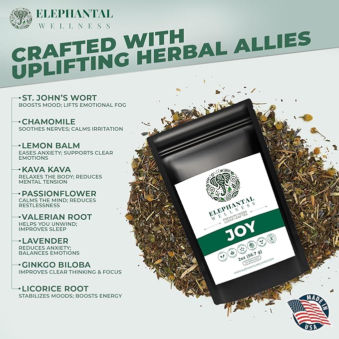 Elephantal Wellness Premium Joy Herbal Tea | Mood &amp Emotional Balance Support with St. John’s Wort Kava Ginkgo &amp Lavender | Handmade Non-GMO Caffeine-Free Loose Leaf Blend 2oz 20 Serving