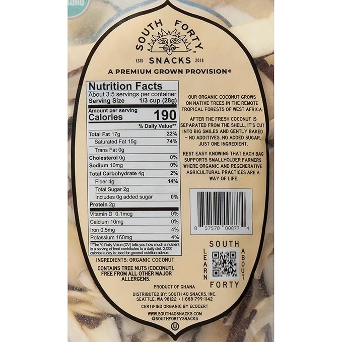 South 40 Snacks Organic Coconut Chips Just 1 Ingredient (3.5oz bag pack of 4)