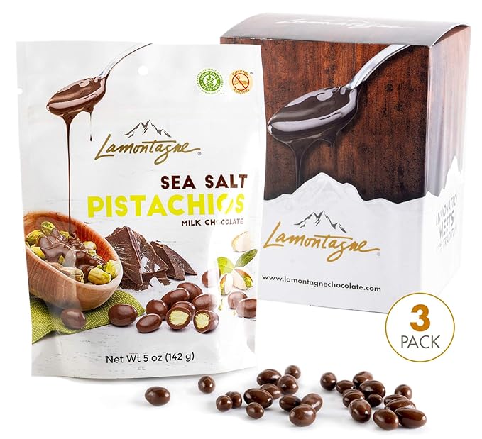 Lamontagne Milk Chocolate &amp Sea Salt Pistachios pack of 3 bags - Gluten-free Peanut-free and Palm Oil-Free Snack