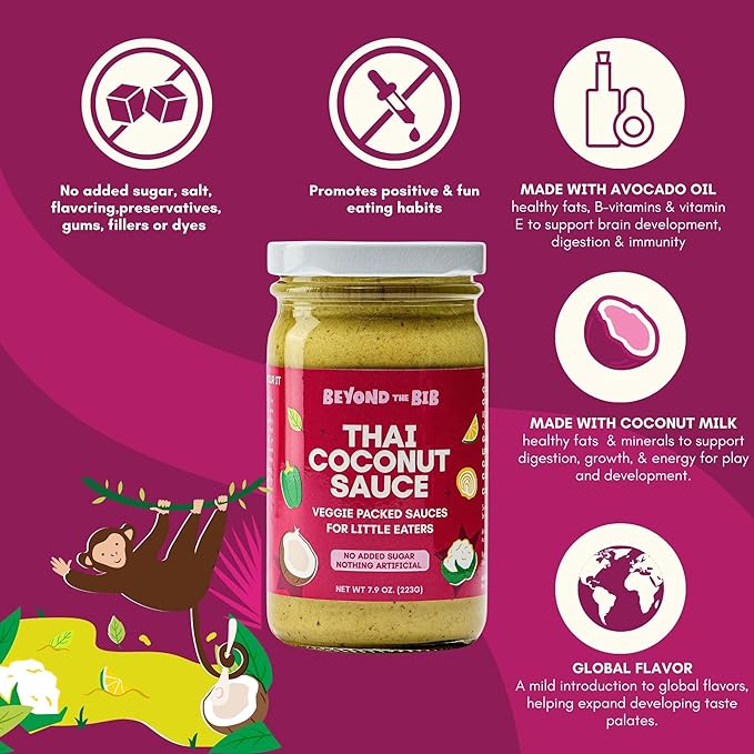 Beyond the Bib All Natural Toddler Sauces for Picky Eaters - Hidden Vegetables No Added Sugar Quick &amp Healthy Mealtime Solution - For 24+ Months (Thai Coconut Sauce - 3 Pack)