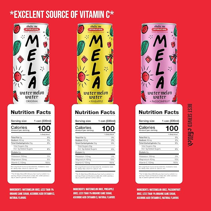 Mela Watermelon Water - Watermelon Juice 100 Percent Natural Fruit Juice with Vitamin C Electrolytes Antioxidants - Coconut Water Alternative Gluten-Free (Variety 11.15 fl oz 12-pack)