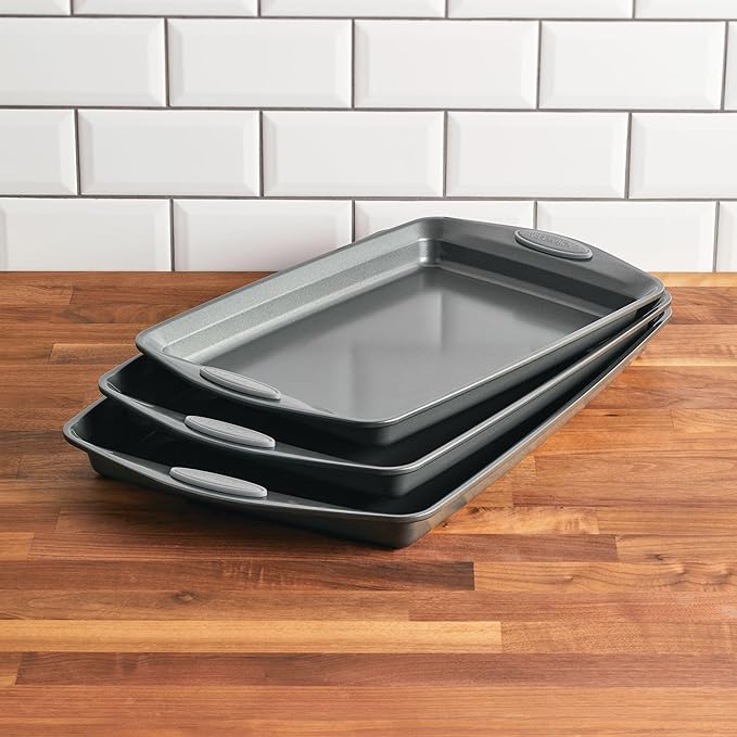 Rachael Ray Nonstick Bakeware Set with Grips Nonstick Cookie Sheets / Baking Sheets - 3 Piece Gray with Sea Salt Gray Grips