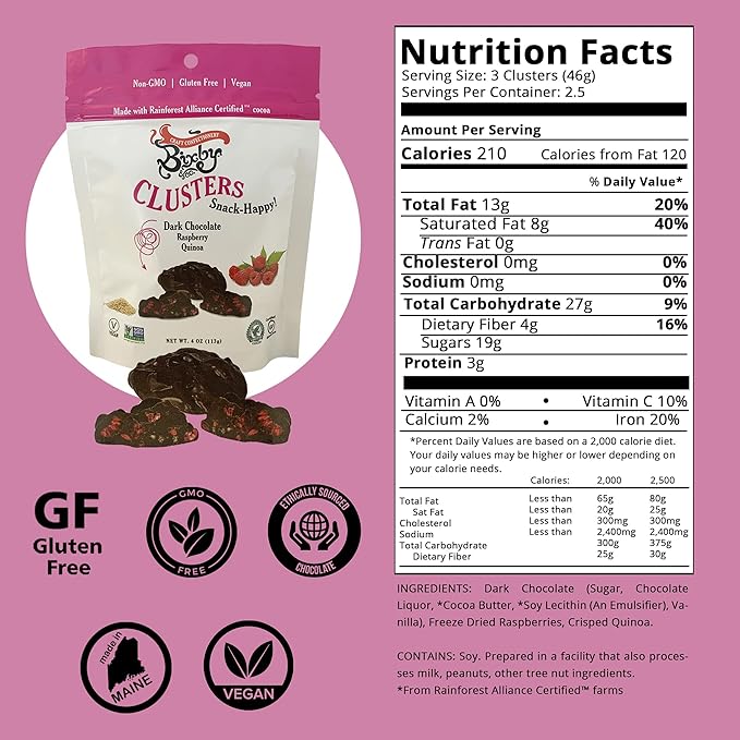 Bixby 6 Pack of Clusters Dark Chocolate Covered Quinoa and Raspberry | Kosher Non-GMO Gluten Free Bites | Resealable 4oz Bags of Quinoa Clusters On The Go Chocolate Snacks | Chocolate Raspberry Mix