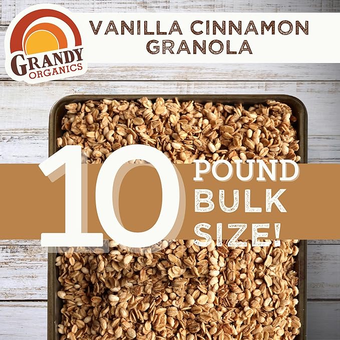 Grandy Organics Vanilla Cinnamon Granola 10 Pound Bulk Bag Certified Organic Gluten Free Non-GMO Kosher Plant Based Protein Granola