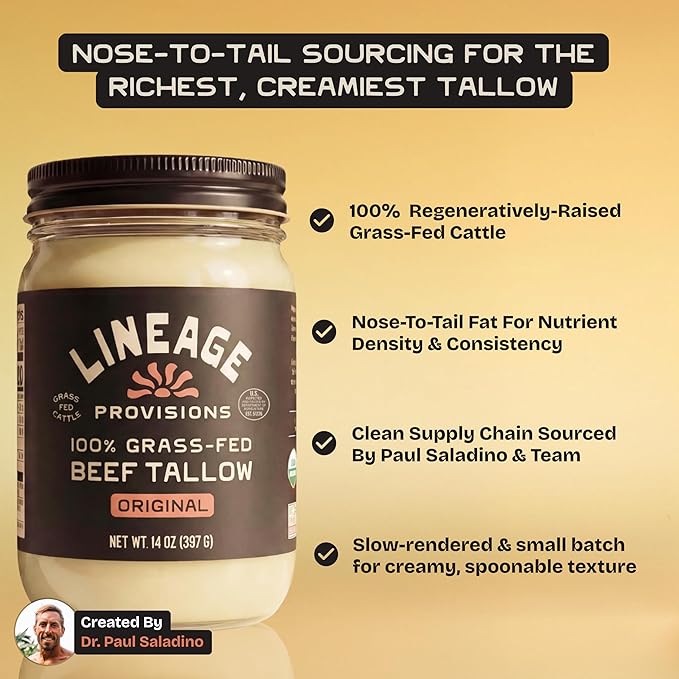 Lineage Provisions - 100% Grass-Fed &amp Finished Beef Tallow – 3-Pack Glass Jars – US-Raised Cattle – Nose-to-Tail Rendered – Cooking Oil Alternative Keto &amp Paleo Friendly