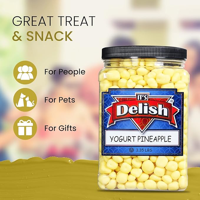 Yogurt Covered Pineapple Dices by It's Delish 3 LBS Jumbo Container | Kosher Dairy-Free Jumbo Yogurt Covered Fruit for Vegan Snacking | Dried Diced Pineapple Coated in Yogurt-Flavored Shell Snack Tre