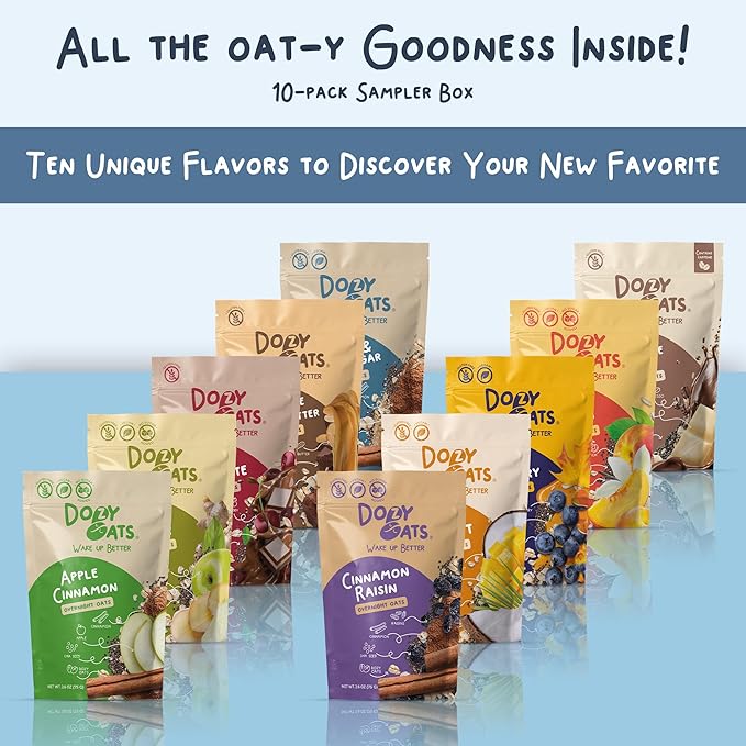 Dozy Oats Overnight Oatmeal Packets Sampler Box with Rolled Oats Chia Seeds Date Powder and Dried Fruit. Gluten-Free Natural Source of Protein and Fiber 10-Pack