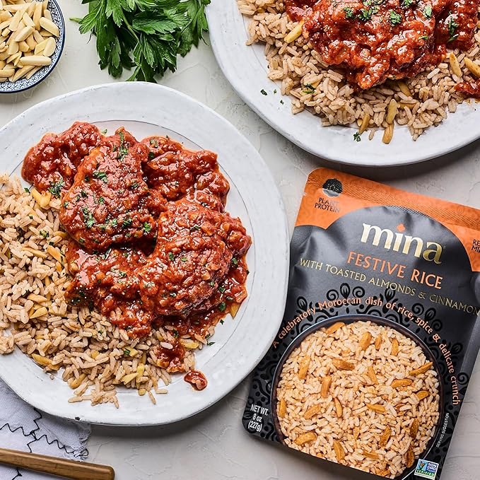 Mina Festive Rice With Toasted Almonds &amp Cinnamon Ready to Eat Rice Pilaf Side Dishes Microwave Rice Vegan Protein Non-GMO Gluten-Free Kosher 8 oz (Pack of 6)