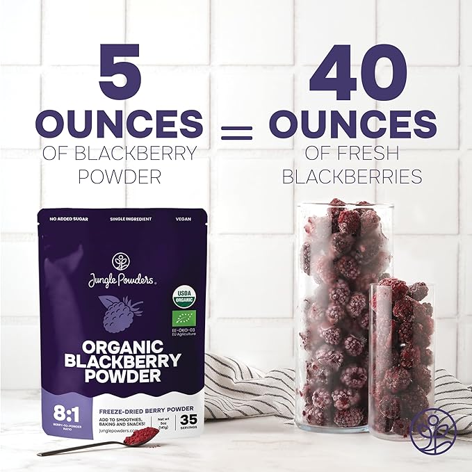 Jungle Powders Organic Blackberry Powder 5 Ounce Bag USDA Certified Freeze Dried Blackberries Powder for Baking Whole Blackberry Juice Additive Free Blackberry Extract Flavoring Puree Concentrate