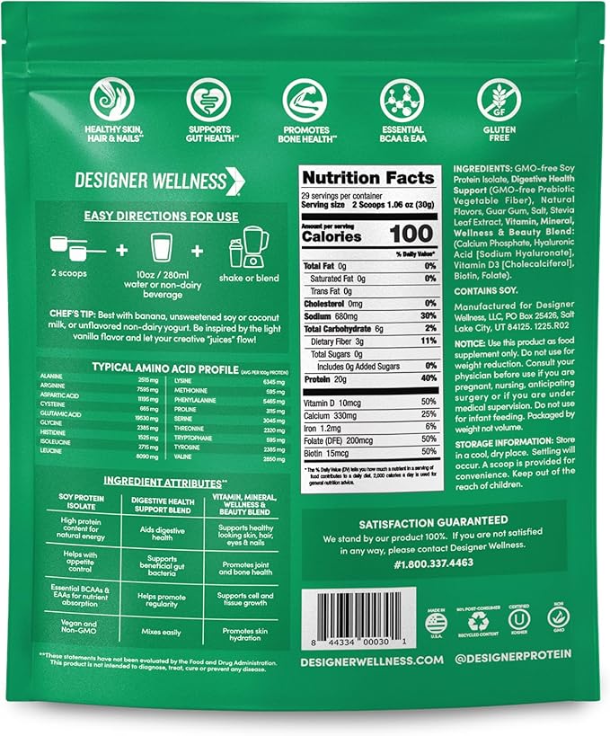 Designer Wellness Soy Isolate Protein Powder with Biotin Hyaluronic Acid and Prebiotics Vegan 0 Sugar Non-GMO Angel Cake Vanilla 1.87 lb