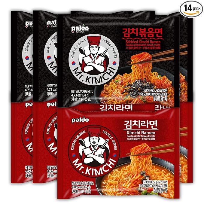 Paldo Fun &amp Yum Mr. Kimchi Noodles Set 4 Pack of Stir-Fried Instant Noodles &amp 4 Pack of Noodles with Kimchi Based Soup with 10 Disposable Chopsticks Spicy Ramen Challenge 미스터 김치 김치볶음면 &amp
