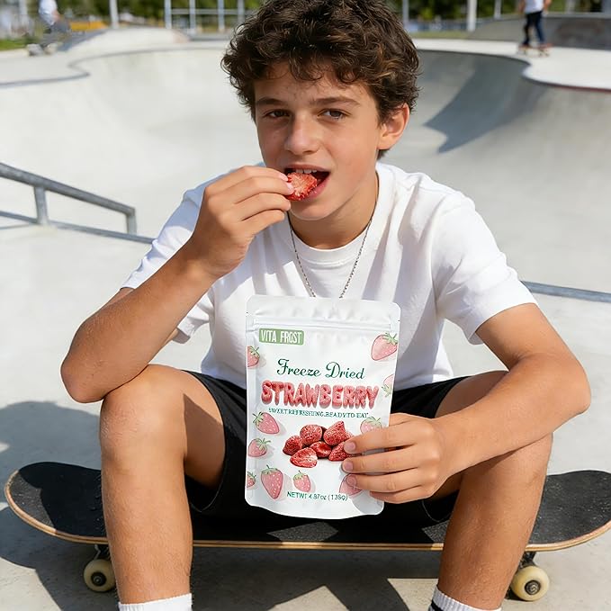 Vita Frost Freeze Dried Whole Strawberries (2 Packs of 4.87 oz) Frozen Dry Strawberry Crisps Natural Yummy Dehydrated Strawberry Slices Fruits Snacks Resealable Bag.