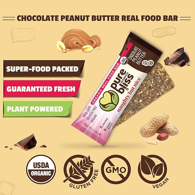 Organic Real Food Bar (Chocolate Peanut Butter) Non-GMO Gluten Free Vegan Nutrition Bars Energy Bars Super Food Simple Ingredients Best Tasting Healthy Snack Breakfast Bars Dairy Free Soy Fr