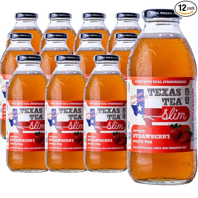 Texas Tea SLIM Poteet Strawberry White Tea – Zero Calories Reduced Sugar Organic White Tea with Real Texas Strawberries Small-Batch Brewed 12-Pack 16oz Glass Bottles
