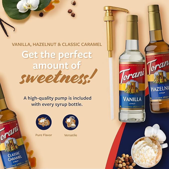 Torani Syrups Classic Caramel Hazelnut and Vanilla Syrup Variety 3-Pack Coffee Syrups for Drinks Pumps Included 25.4 Fl Oz Ea