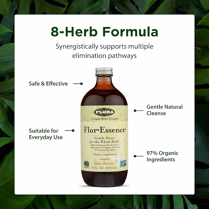 Flora Health Flor-Essence Liquid Tea Blend - Ancient 8-Herb Formula - Natural Full Body Cleanse &amp Detox - Organic Ingredients - Pure Vegan Formula - Burdock Root Sorrel Slippery Elm Kelp - 500m