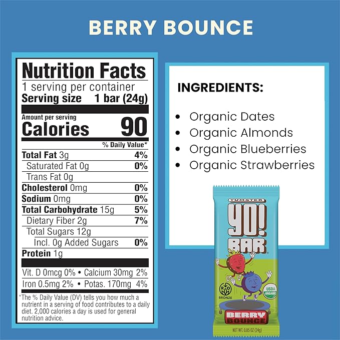 Bearded Brothers Yumster Yo! Bar Vegan Kids Bars with Plant Based Protein Organic Kids Snacks Soy Dairy Gluten Free Non-GMO - 25 Pack Berry Bounce