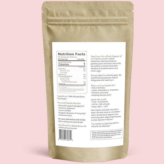 Matcha Sense - Authentic Japanese Hojicha Powder - Premium Slow Roasted Green Tea Low Caffeine Coffee Alternative Easy Resealable Pouch - 100g Value Size