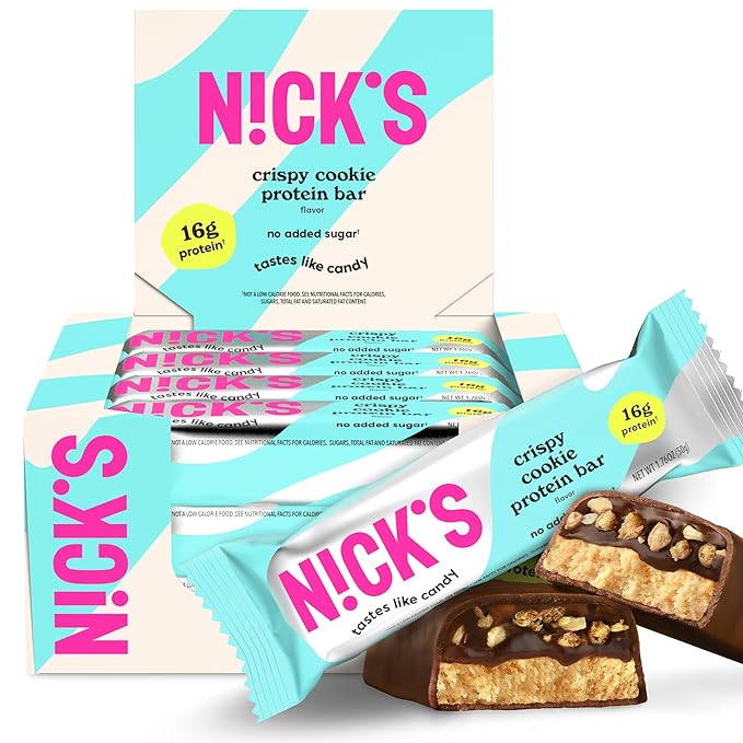 Nick’s Protein Bars Crispy Cookie Chocolate – 12-Count Box | High Protein Low Calories Low Carbs Keto Friendly No Added Sugar (12 bars x 50g)