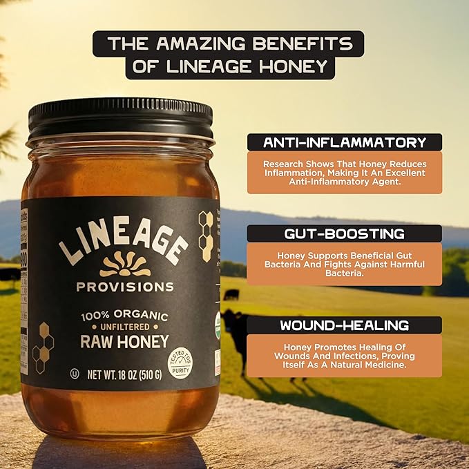 Lineage Provisions 100% Organic Raw Unfiltered Honey – 3-Pack (18 oz Glass Jars) – Undetectable Glyphosate Chemical-Free Gluten-Free &amp Non-GMO – Undergoes no heating processing straining or a
