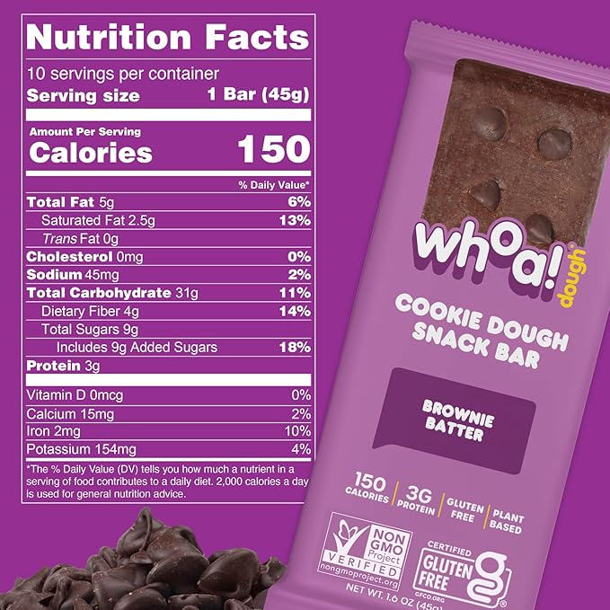 Whoa Dough Edible Cookie Dough Bars- Certified Non-GMO Kosher and Gluten Free Bars - Healthy Snack Foods - Plant Based Snacks Made With Real Ingredients - Brownie Batter Cookie Dough - 4 Pack
