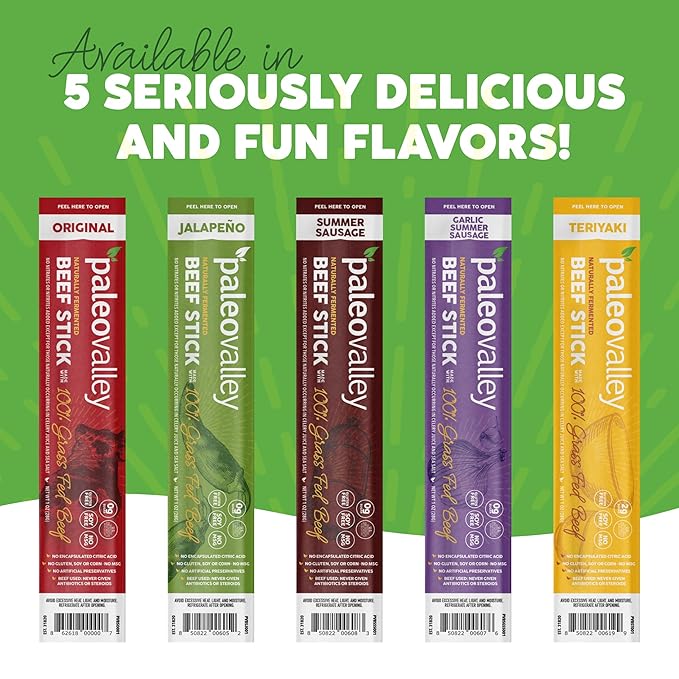 Paleovalley 100% Grass Fed Beef Sticks - Delicious Gluten Free Beef Snack - High Protein Keto Friendly 40 Count Variety Pack