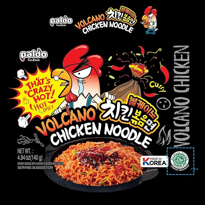 Paldo Fun &amp Yum Volcano Extremely Hot &amp Spicy Stir Fried Chicken Instant Noodles Pack of 16 Soupless Original Korean Ramyun Spicy Ramen Challenge Chicken Bokkeummyun 140g x 16