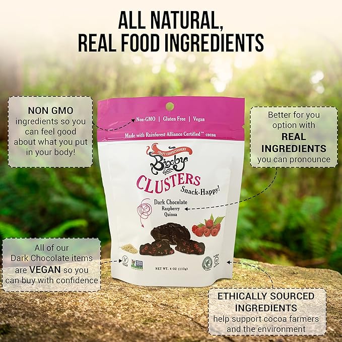 Bixby 6 Pack of Clusters Dark Chocolate Covered Quinoa and Raspberry | Kosher Non-GMO Gluten Free Bites | Resealable 4oz Bags of Quinoa Clusters On The Go Chocolate Snacks | Chocolate Raspberry Mix